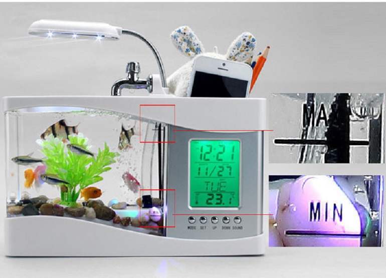 Bể cá mini tích hợp đèn led, đồng hồ, lọc nước, hộp đựng bút