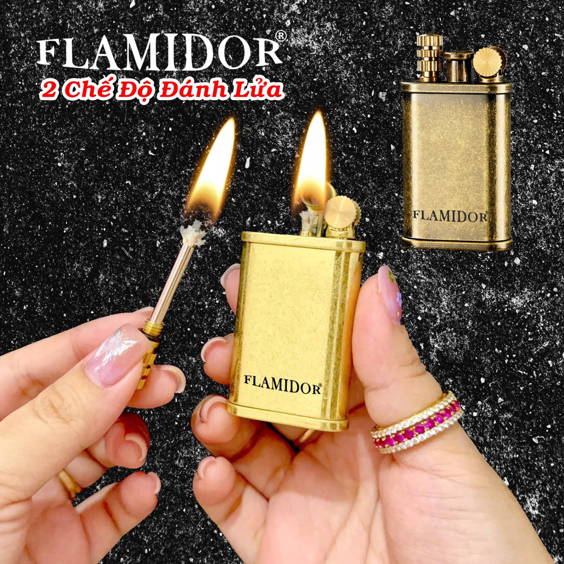 Bật lửa Flamidor xăng đá 2 chế độ đánh lửa (kim loại nguyên khối)