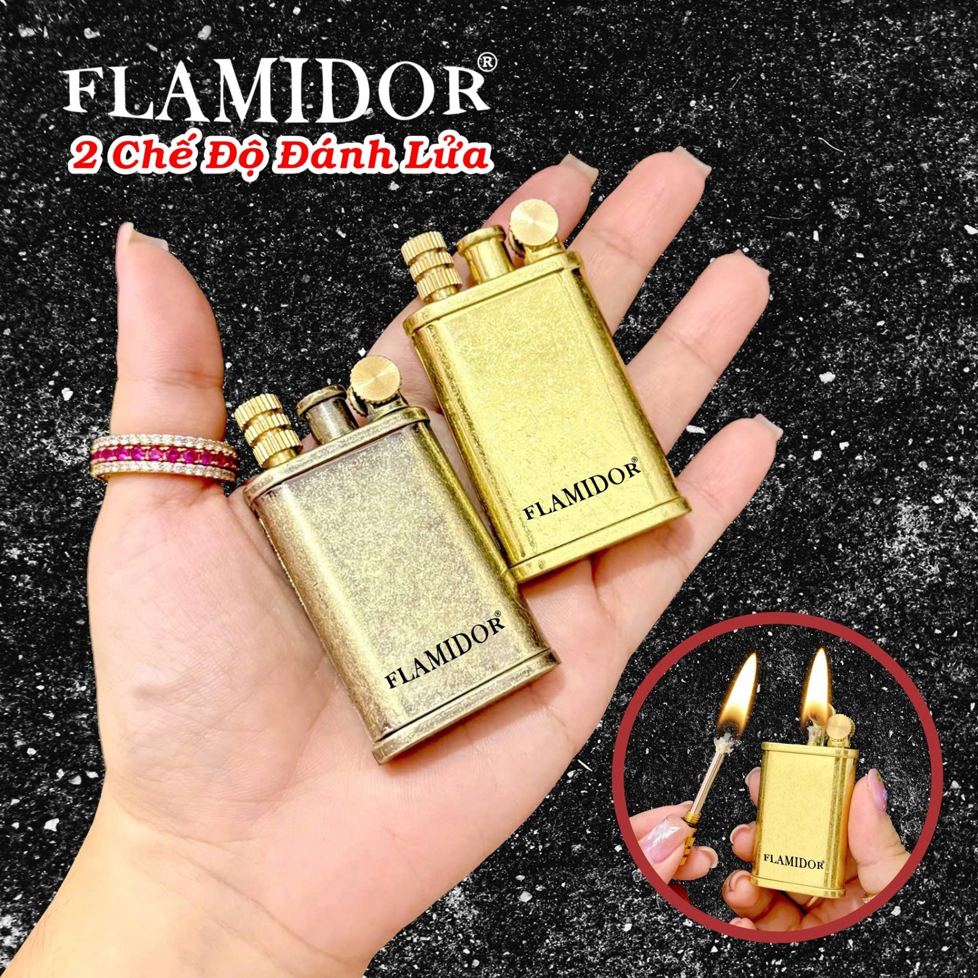 Bật lửa Flamidor xăng đá 2 chế độ đánh lửa (kim loại nguyên khối)