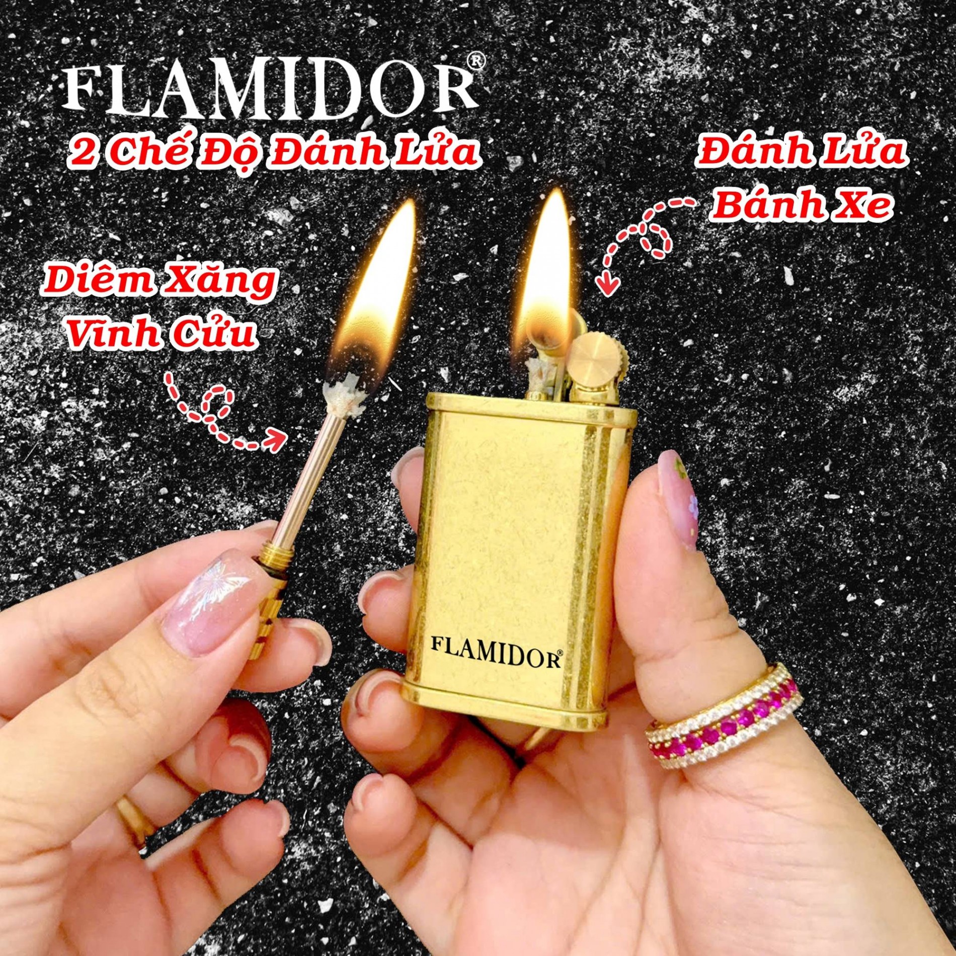 Bật lửa Flamidor xăng đá 2 chế độ đánh lửa (kim loại nguyên khối)