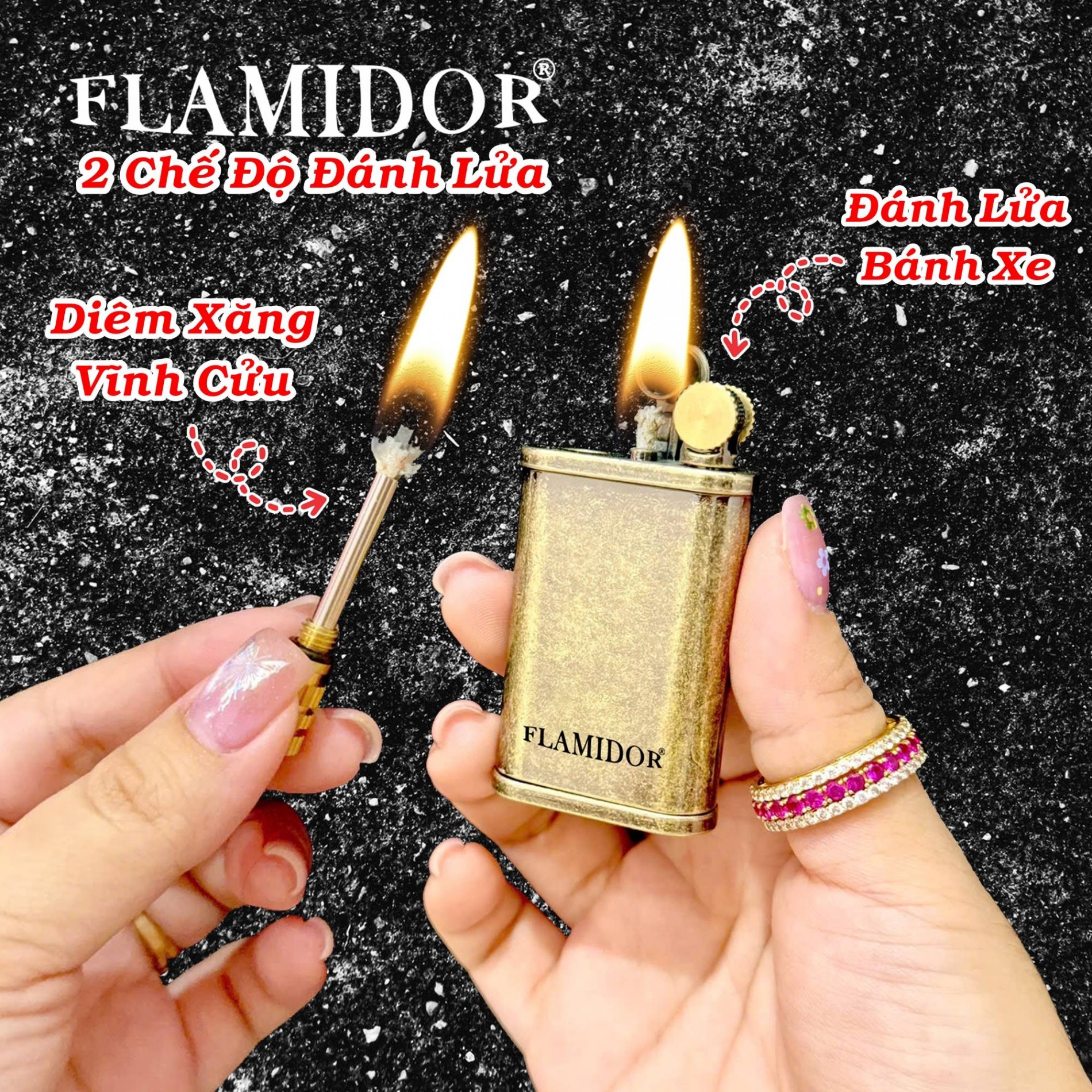 Bật lửa Flamidor xăng đá 2 chế độ đánh lửa (kim loại nguyên khối)